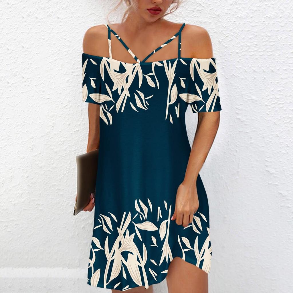 Women's Sexy Casual Off Shoulder Adjustable Straps Printed Midi Dress