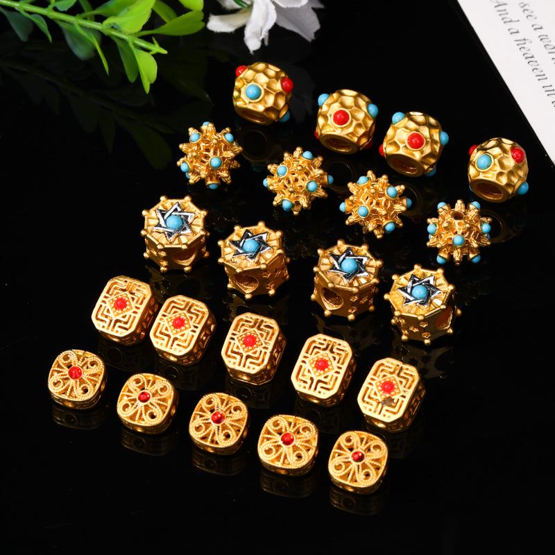 Древние золотые ажурные разделительные бусины с инкрустированными синими бусинами