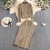 Осенне-весенний клетчатый твидовый костюм с небольшим ароматом, женский короткий пиджак с v-образным вырезом, пальто + длинная юбка-карандаш на пуговицах, комплект из двух предметов