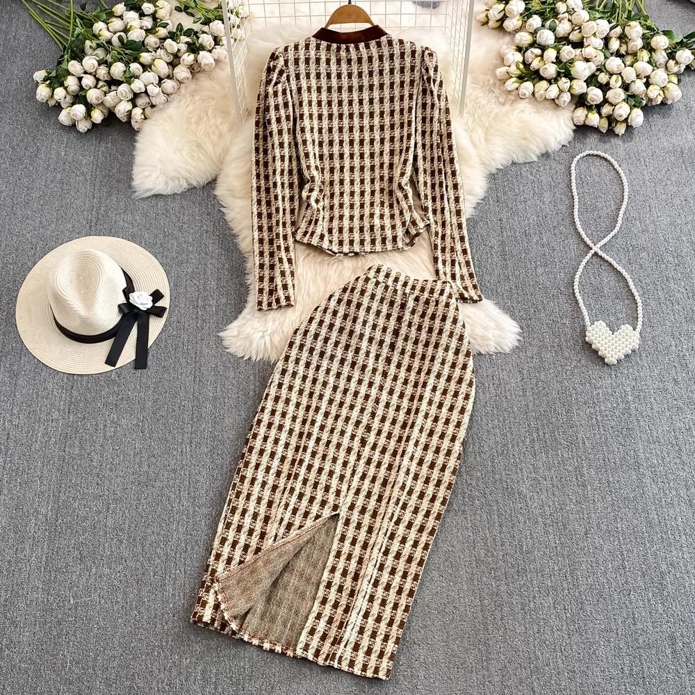 Осенне-весенний клетчатый твидовый костюм с небольшим ароматом, женский короткий пиджак с v-образным вырезом, пальто + длинная юбка-карандаш на пуговицах, комплект из двух предметов