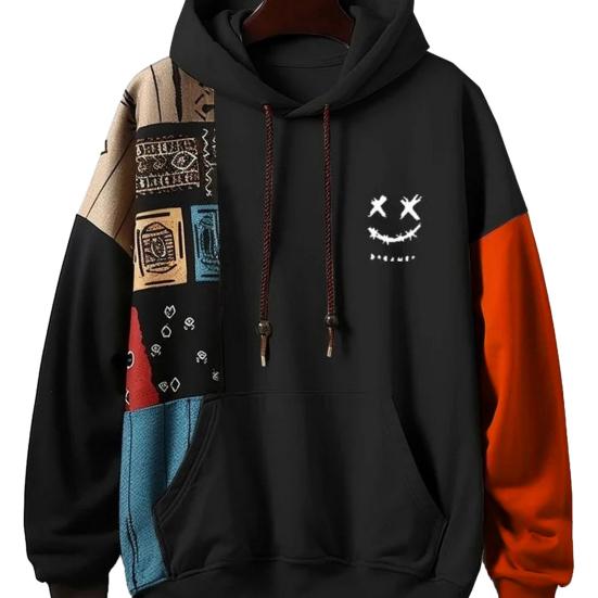 Мужское худи на осень-зиму, свободного кроя, с длинными рукавами, в цветовой блок, с большим накладным карманом