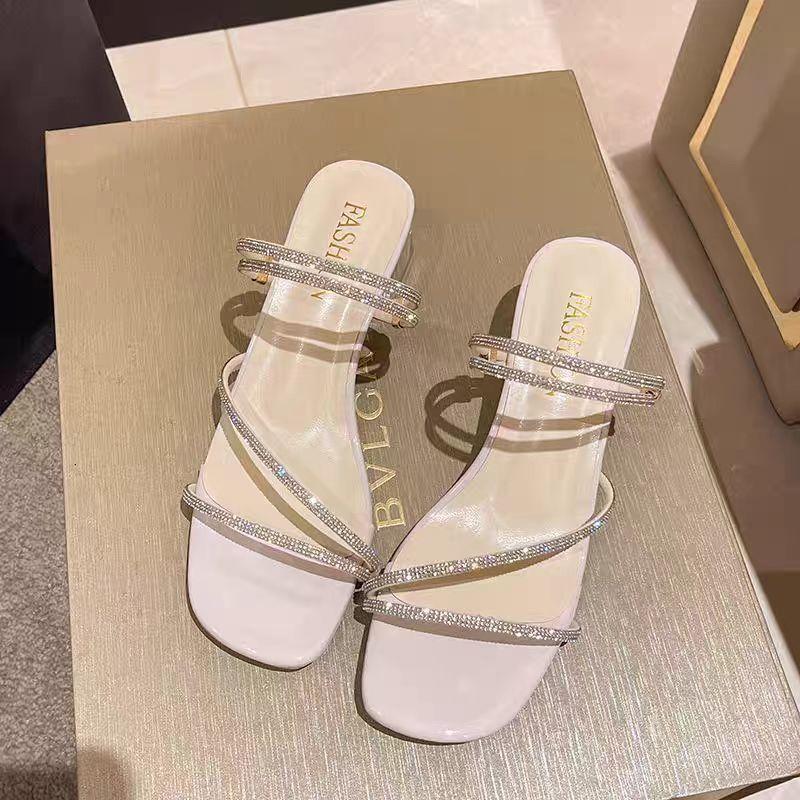 Летняя одежда 2025 года, популярные французские тапочки со стразами, женские туфли на среднем каблуке, юбка в стиле феи на высоком каблуке, универсальные босоножки на низком каблуке