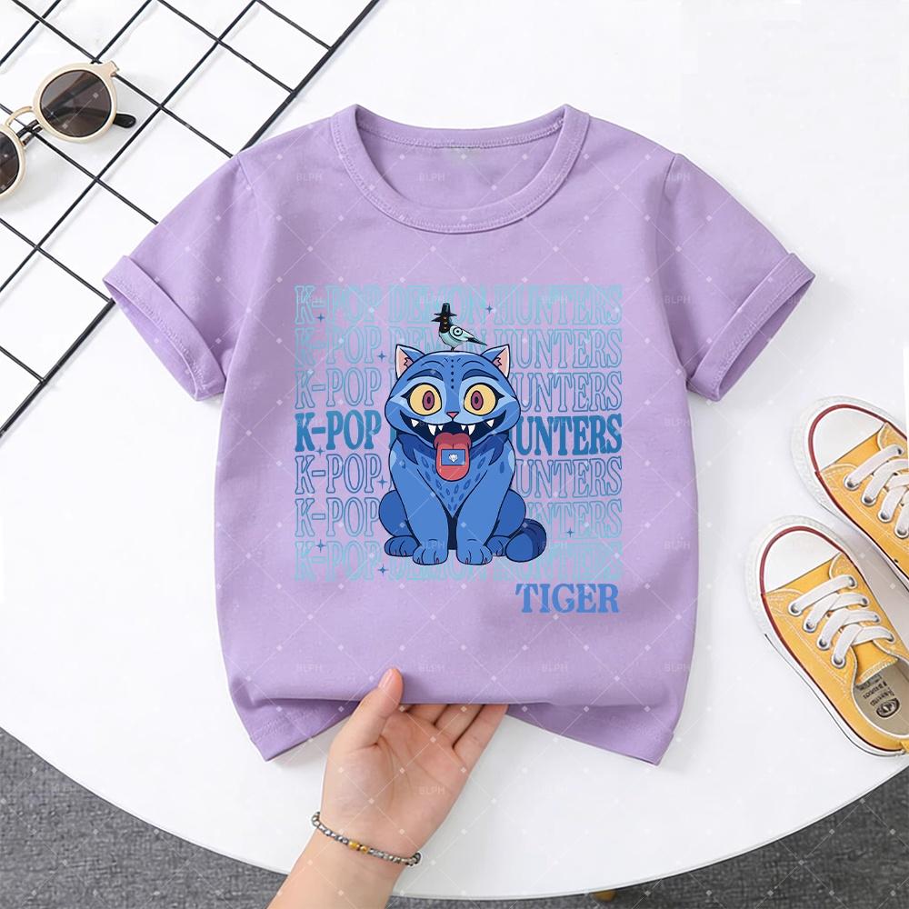 KPop Охотник на демонов Милый синий кот с узором из птиц Детская футболка Модная повседневная для мальчиков и девочек