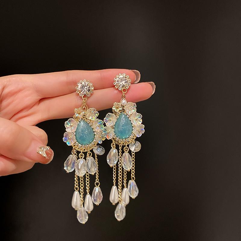 925 Silver Needle Diamond Crystal Pearl Tassel Earrings Long Pendant Temperament Earrings Retro Design Earrings