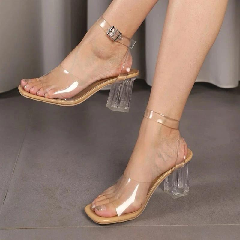Fashion Transparent High Heels Sandals for Women Summer 2025 Fashion Ankle Strap Crystal Heeled Sandals Woman Plus Size Elegant Pumps