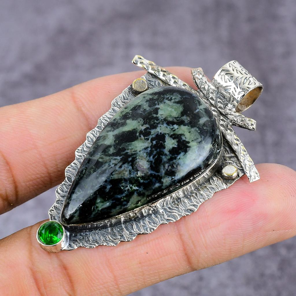 Natural Serphanite, Diopside Handmade 925 Sterling Silver Pendant 2.37" ET-1454
