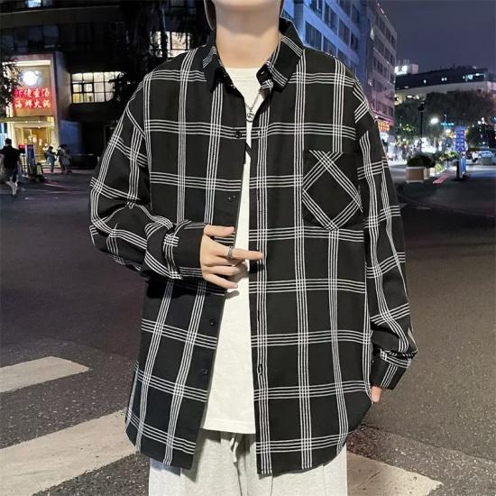 Мужская клетчатая рубашка с длинными рукавами в японском гонконгском стиле, свободная рубашка для мальчиков, летнее модное универсальное повседневное пальто