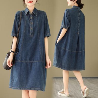 Летнее женское платье из Кореи Vestidos Robe Elbise Loose Plus Size Fashion Polo Short Sleeve Denim Dresses