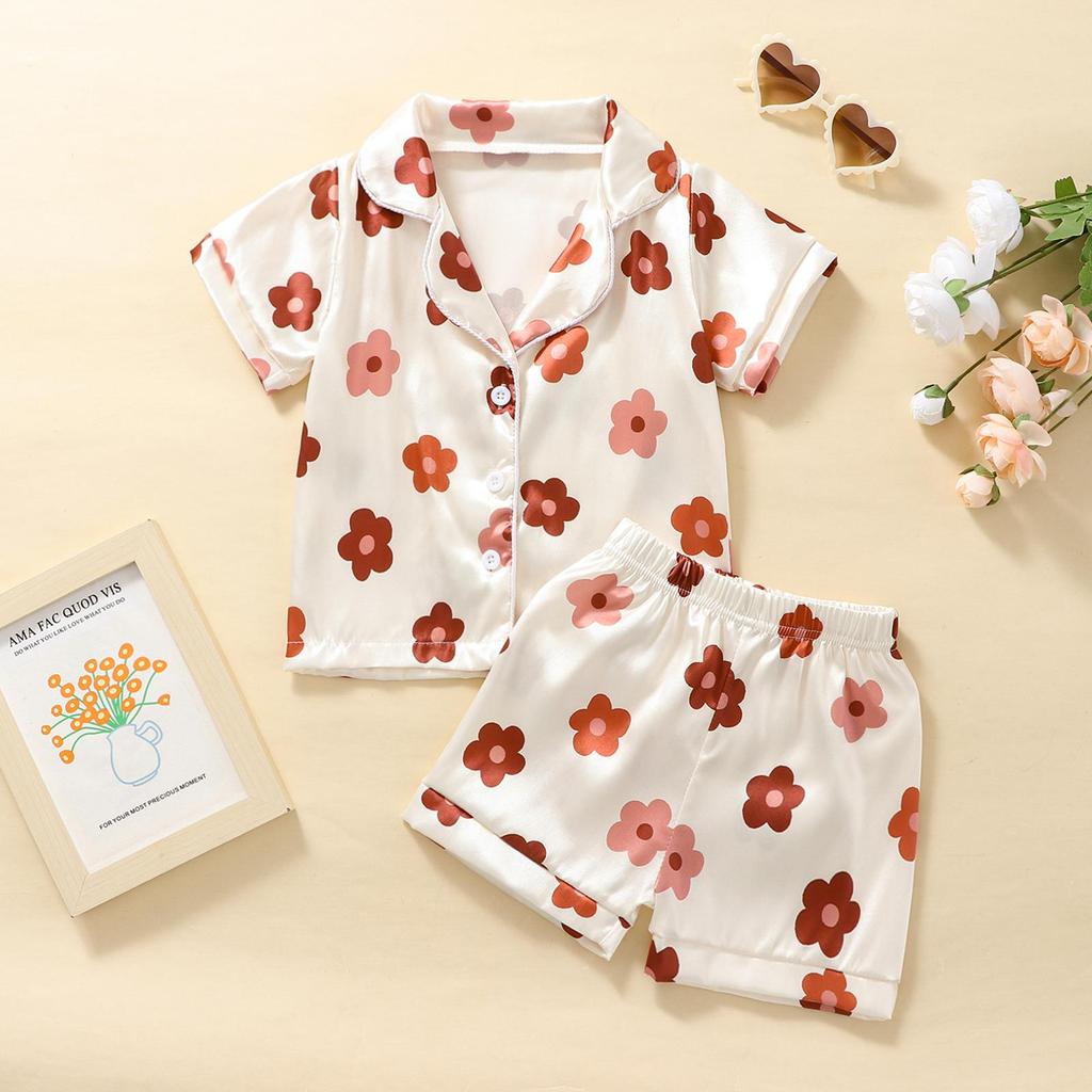 Kids Girls Pajamas Set, Flower Print Short Sleeve Turn-down Collar Tops with Elastic Waist Shorts Sleepwear