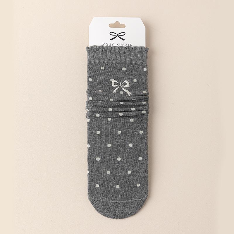 Female Spring and Autumn Bow Wood Ear Lace Polka Dot Boneless Drum Pile Cotton Socks