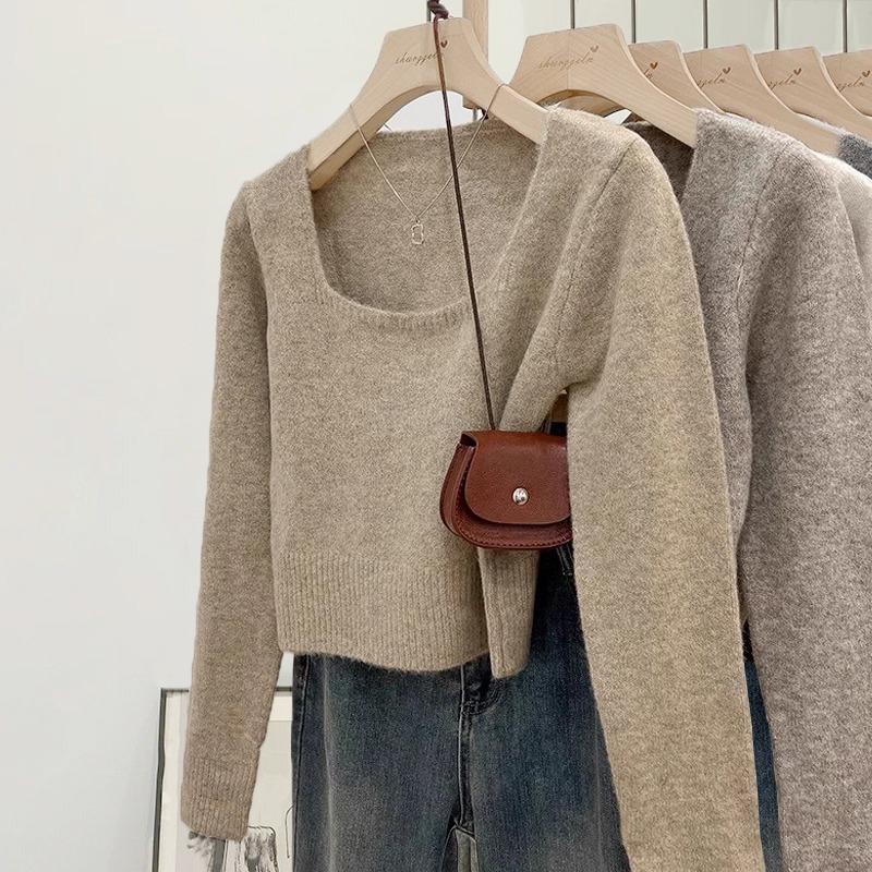 Осенний квадратный воротник, сексуальный облегающий вязаный свитер для женщин, модные зимние пуловеры, женские свитера, топы, элегантные мягкие теплые женские вязаные джемперы 25863