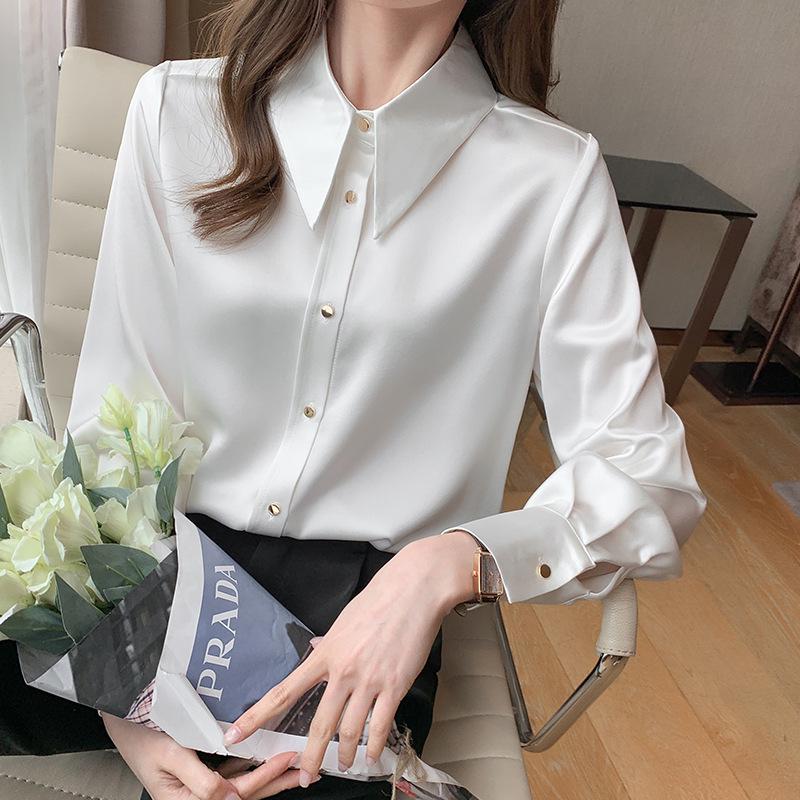 Women's Ash Blue Satin Long Sleeve Shirt - Retro Hong Kong Style, Spring Commute, Concealed Placket, Versatile Drapey Blouse