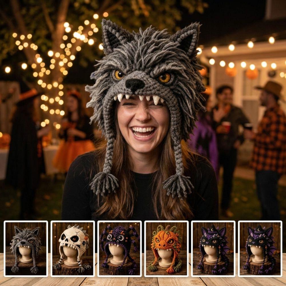 Gothic Style Hand Knitting Animal Hood Set Handmade Pumpkin Bat Cat For Beginner