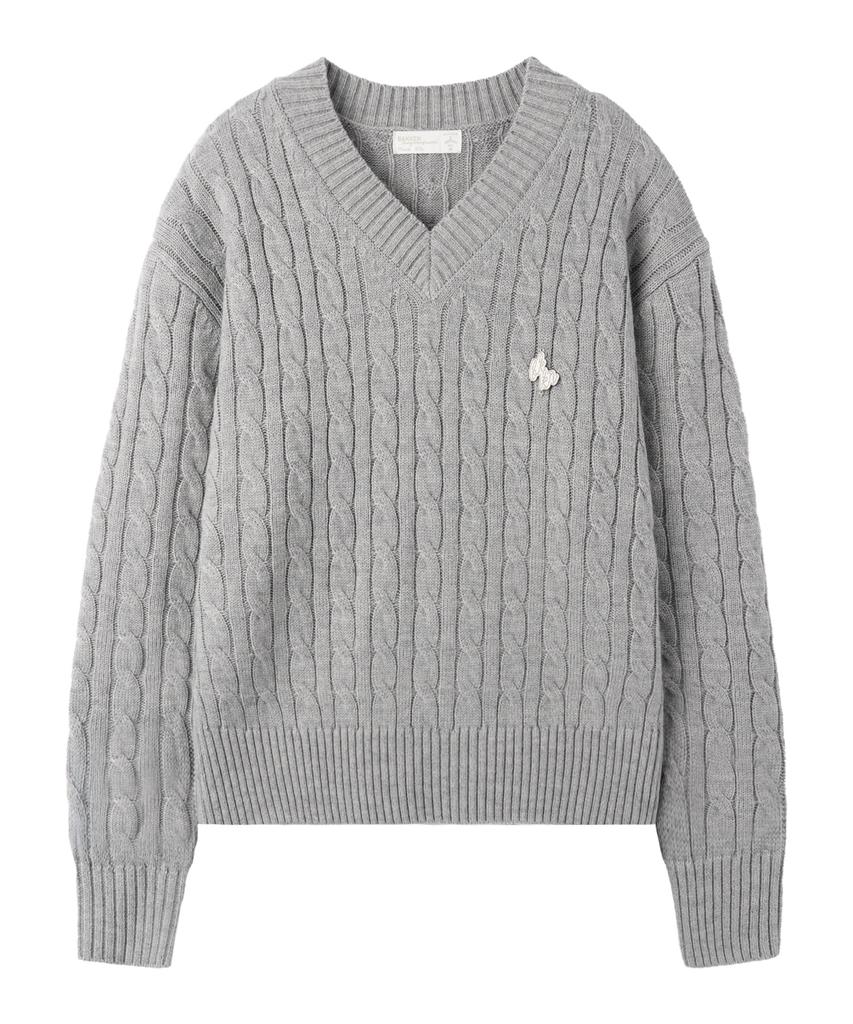 BAKKEN Point Logo Pendant V-Neck Cable Knit Bk8941_Gray