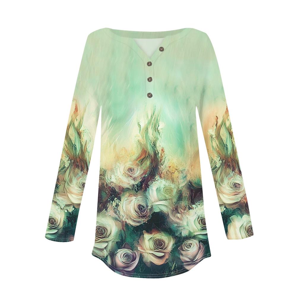 Футболки для женщин, осенние повседневные рубашки с длинным рукавом на пуговицах, толстовка с винтажным принтом, топ, пуловер
