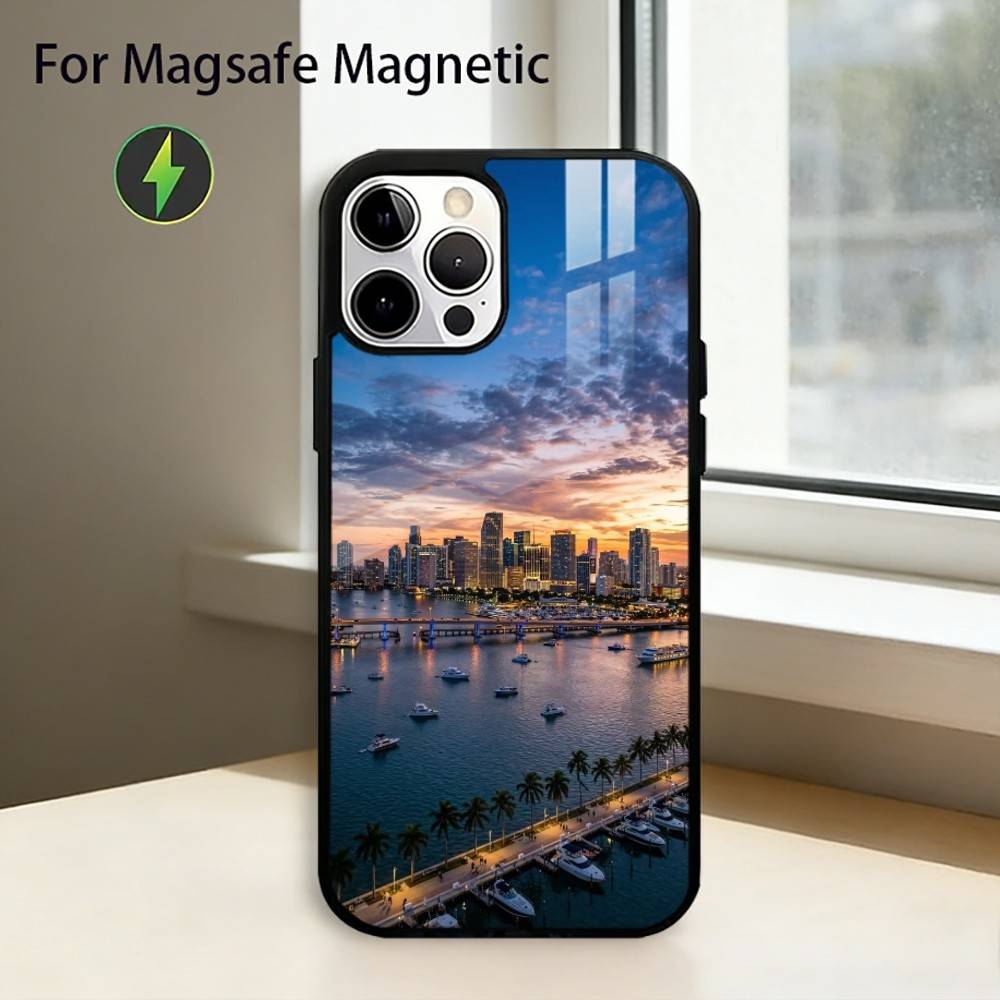 Летняя Арт M-Майами Флорида Чехол для Телефона Для iPhone17,16,15,14,13,12,11 Plus,Pro Магнитный с Magsafe Беспроводная Зарядка