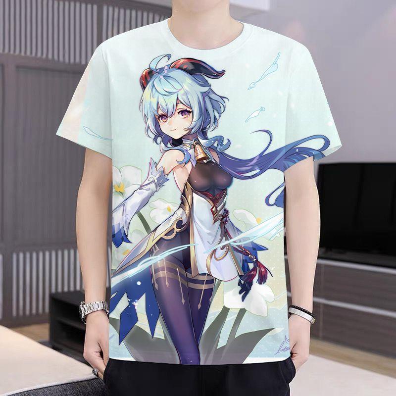 Genshin Impact Ganyu Animation Peripheral Anime Game 3D Print Clothes Summer Round Neck T-shirt Men's and Women's Casual Short Sleeve