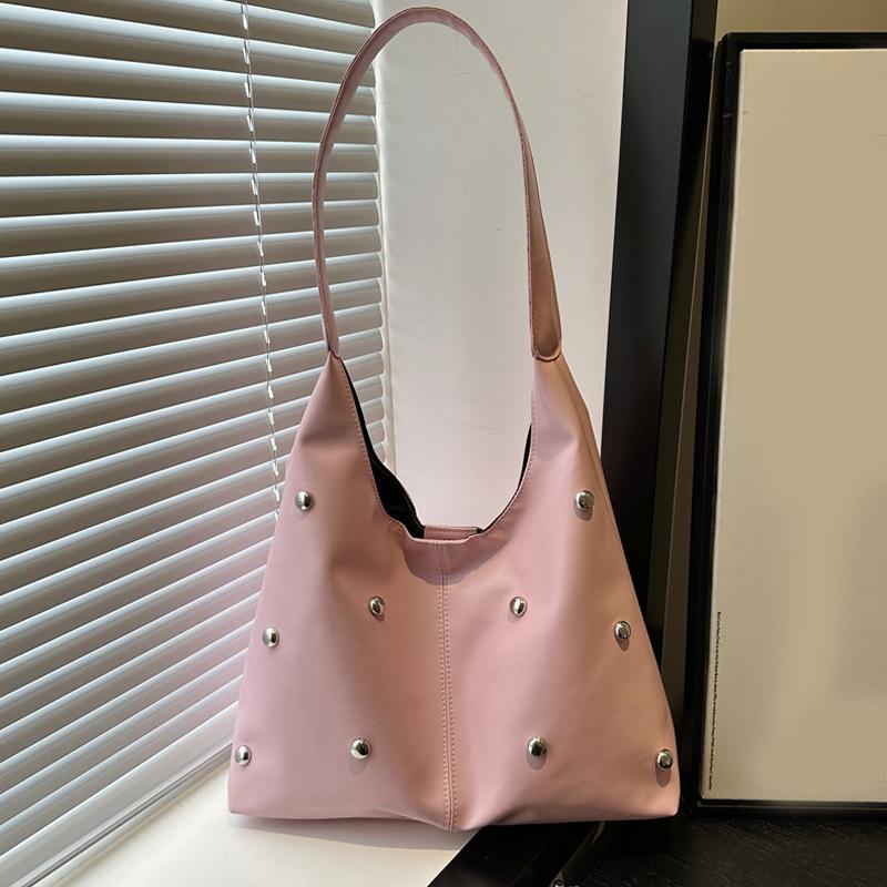 Панк Стиль Украшенная Двусторонняя Круглая Сумка-Ведро с Заклепками, Нишевая Роскошная Сумка, Шикарная Женская Подмышечная Сумка Большой Вместимости, Сумка на Плечо KTY