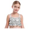Girls Glittery Sequins Crop Top Tiered Ruffles Cross Back Metallic Camisole for Jazz Dance Performance