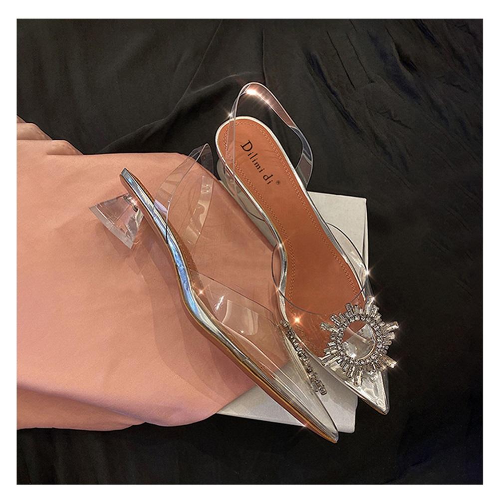2024 Новые летние женские босоножки с острым носком, прозрачные, с пряжкой из водной бриллиантовой пряжки, на среднем каблуке, модные свадебные туфли с кристаллами