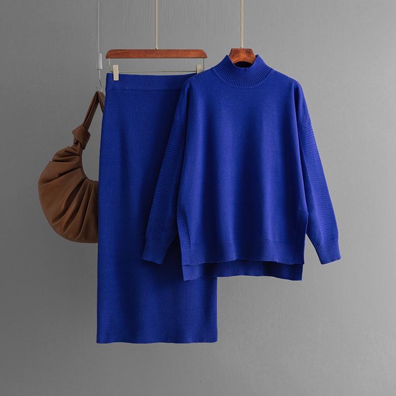 Осенне-зимний свободный свитер-пуловер с высоким воротником, однотонный женский трикотажный комплект из двух предметов с длинными рукавами и широкой юбкой