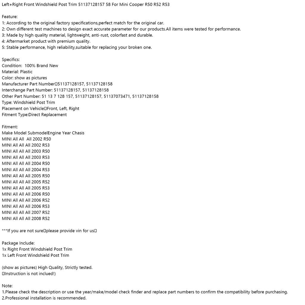 Левая и правая передняя накладка на стойку ветрового стекла 51137128157 58 для Mini Cooper R50 R52 R53