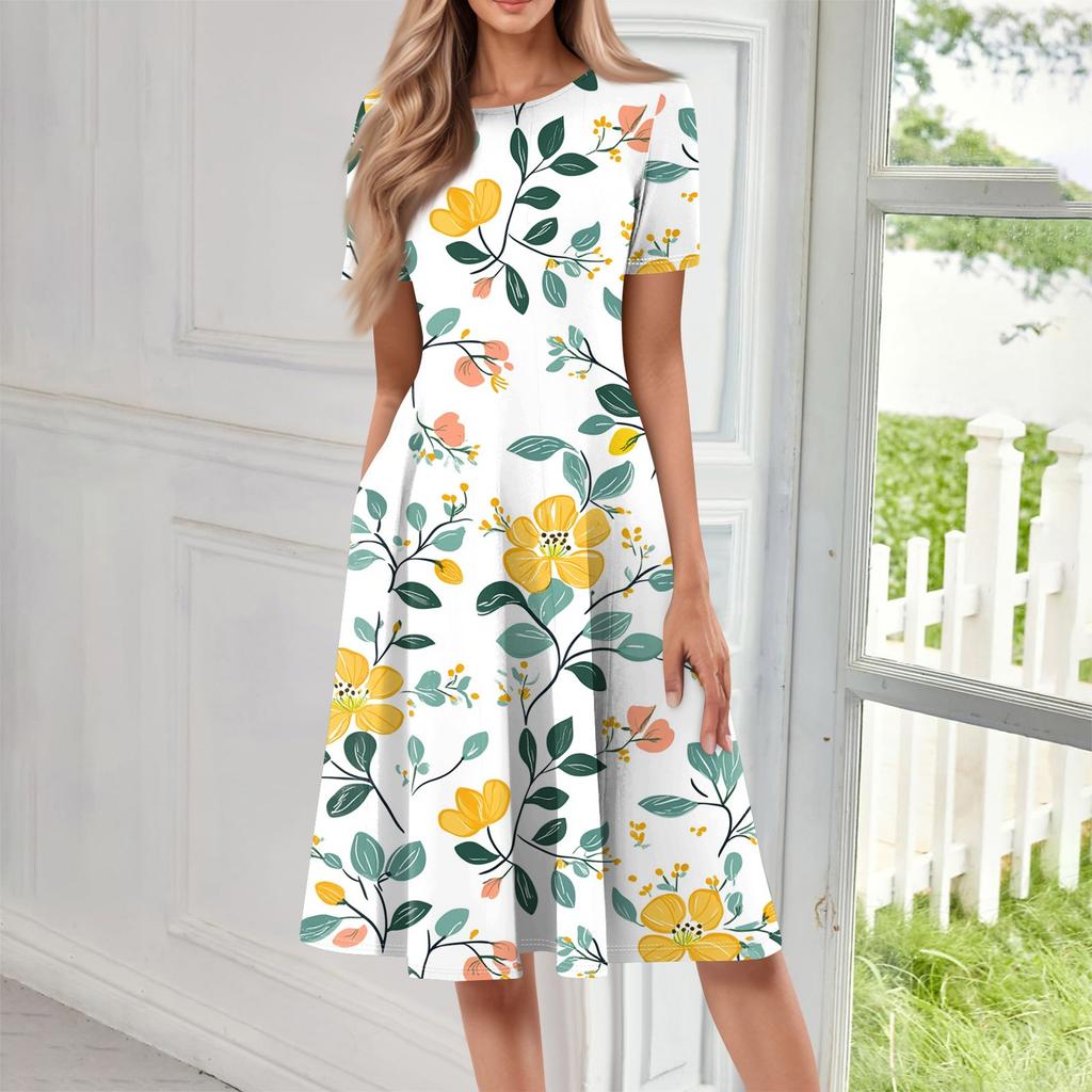 Женское свободное повседневное и модное платье с круглым вырезом и короткими рукавами, средней длины с принтом