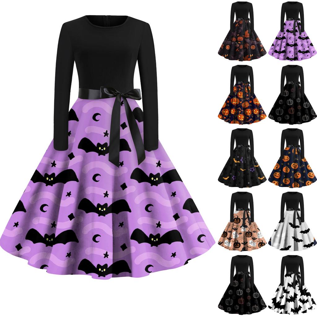 Women's Halloween Print Flare Dress For Women Long Sleeve Dress Party Casual Dresses