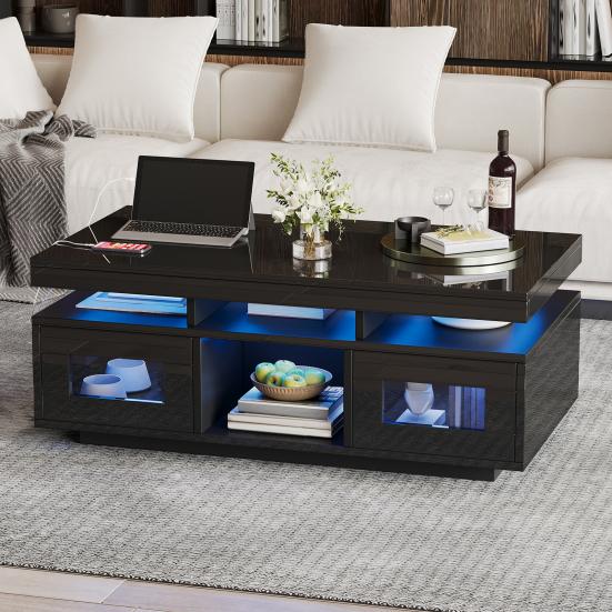 100x50x43cm Black High-Gloss Coffee Table, with LED Lights Controllable, Mobile App, Living Room Table with Cabinet, Sofa Table with Charging Port And