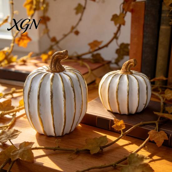 Thanksgiving Home Decor Fall Pumpkin Decor, White Gold Decorative Pumpkin, Resin Pumpkins Modern Ornament Figurine, Statues for Tabletop Centerpiece