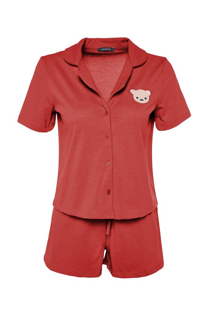 Women's Fashion New Pajama Set Cinnamon 100% Cotton Teddy Bear Embroidered Shirt-Shorts Knitted Pajama Set