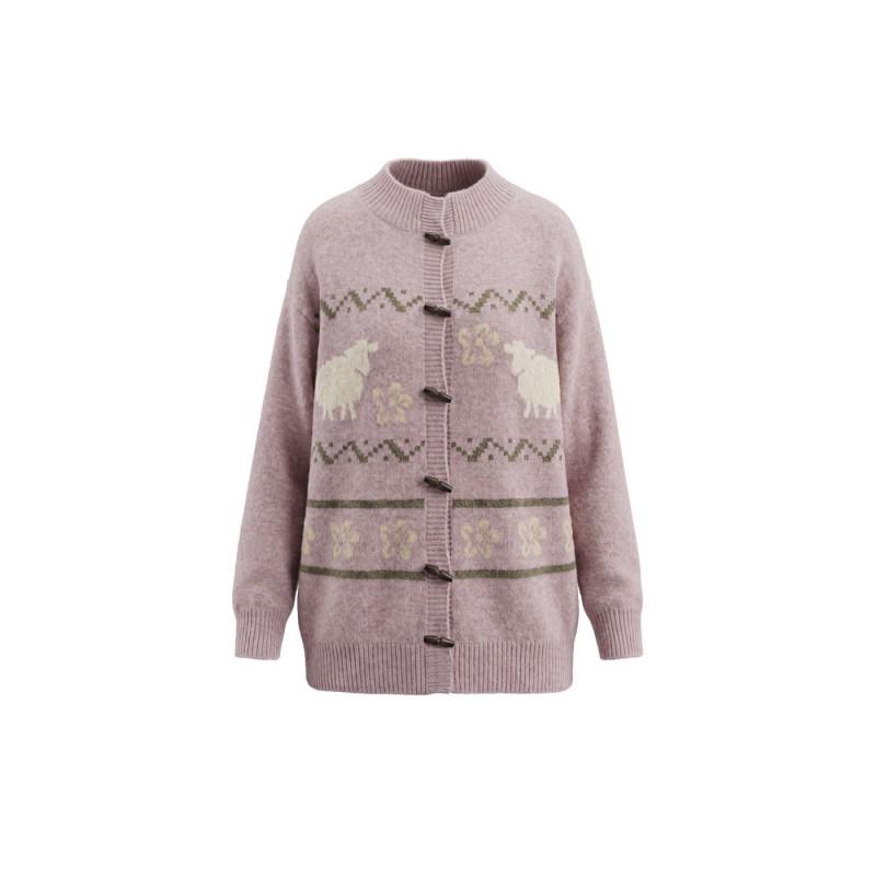HeyHenry Vintage Sheep Jacquard Cardigan Women Loose Knit Coat Fall Winter Lazy Style Horn Button Sweater