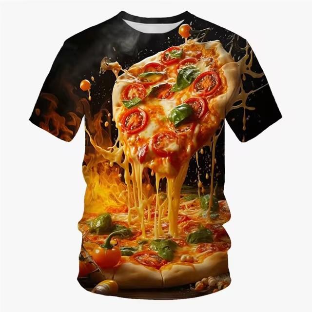 3D Printed Food Pizza T-shirt Men's Casual Summer Short Sleeved T-shirt Street Round Neck Versatile Top