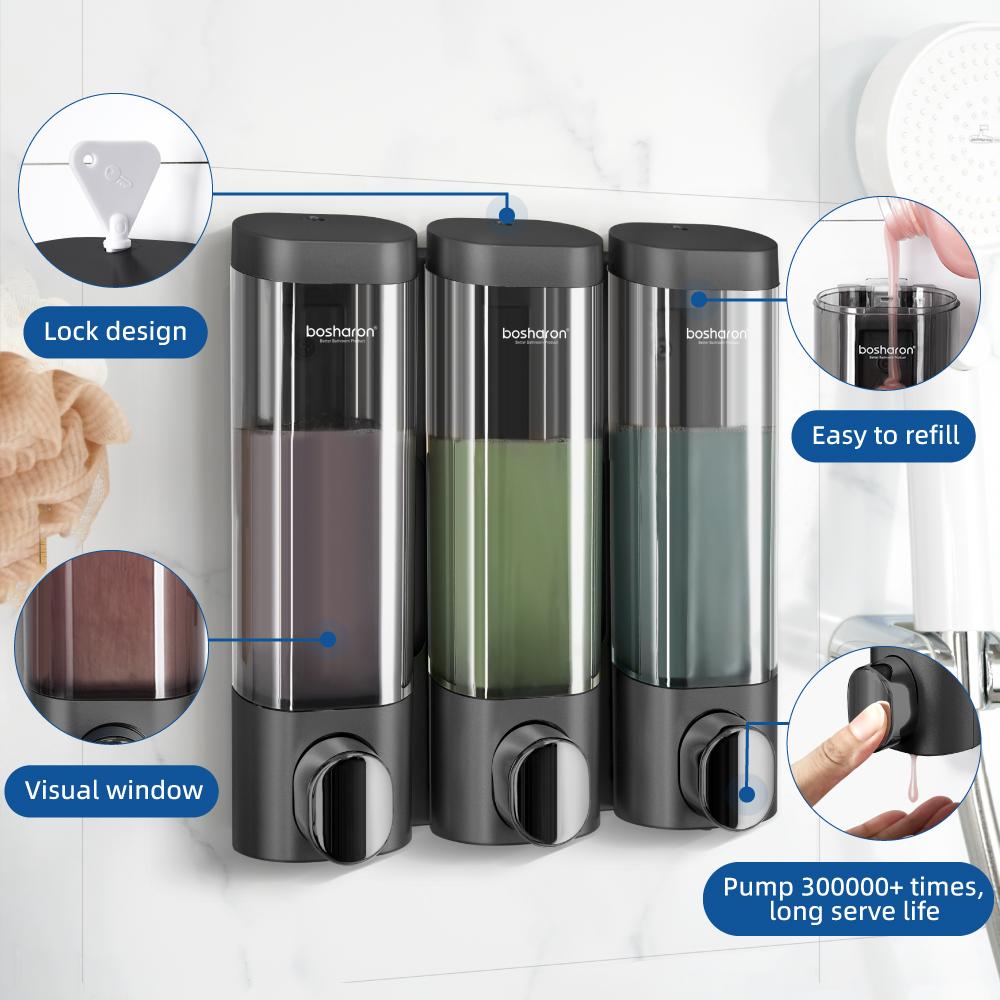 Hotel Bathroom 3 Chamber Shower Wall Mounted Clear Gel Lotion Triple Manual Abs Liquid Plastic Soap Dispenser Shampoo Dispenser