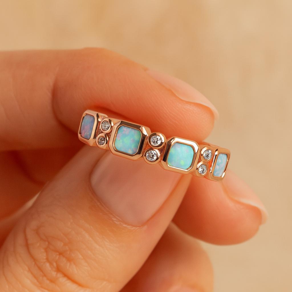 Wedding Engagement Anniversary Promise Gift – Rose Gold Plated Opal Band, Hexagon Cut Opal & Diamond Accent Ring, Dainty Bridal Jewellery for Women