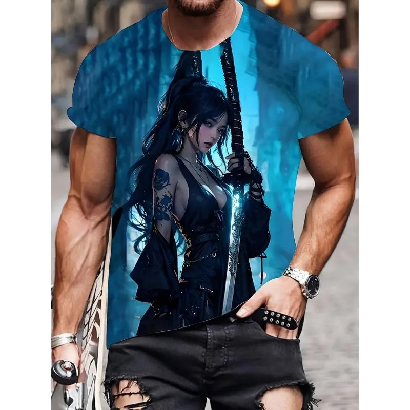 Summer Round Neck 3D Anime Character Print Top Fashionable Casual Short Sleeved Men's T-shirts