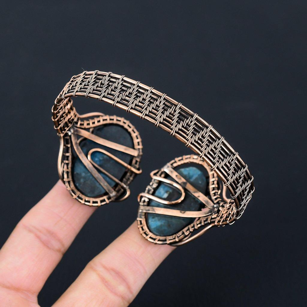 Неоново-синий апатит, драгоценный камень, чистая медная проволока, манжеты ручной работы/браслет, регулируемые украшения для подарка