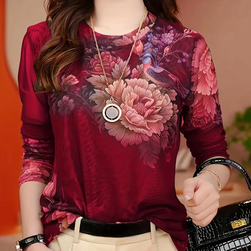 Tops For Women Colored Ink Wash Flowers Print Round Neck Long Sleeve T-shirt Fall Casual Slim Pullover Women's Long Sleeve Top