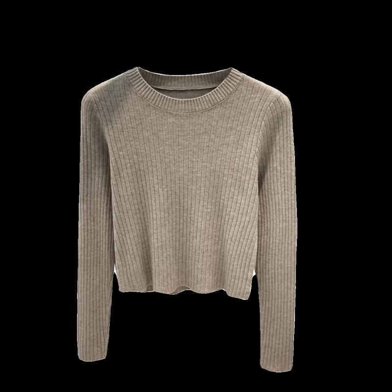 Уникальный круглый вырез, вязаный свитер для женщин, осень и зима, короткий базовый свитер, черный топ с длинными рукавами