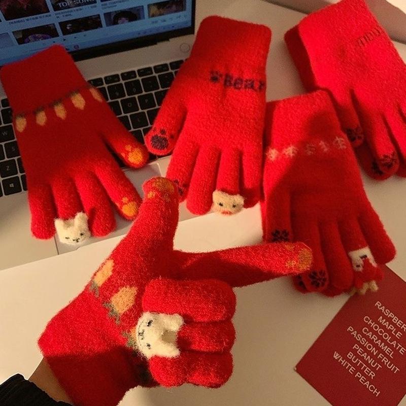 Праздничные красные плюшевые перчатки с сенсорным экраном «Олень» — теплый и милый зимний аксессуар для женщин и студентов