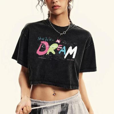 Начинается с мечты Граффити Принт Женская Выстиранная Приталенная Футболка Ретро Фитнес Футболки Хлопок Повседневная Мода Крутая Футболка