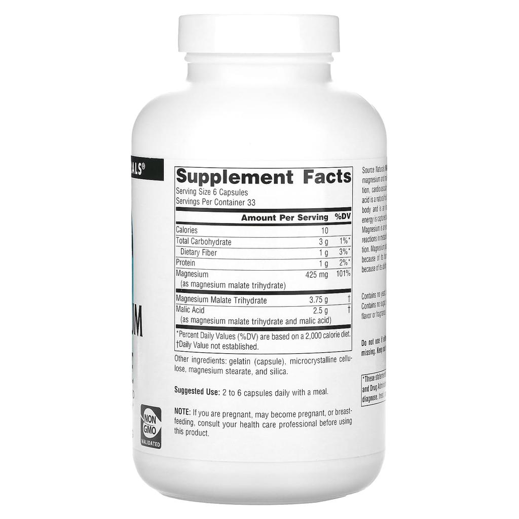 Source Naturals Magnesium Malate, 3,750 Mg, 200 Capsules (625 Mg Per Capsule)