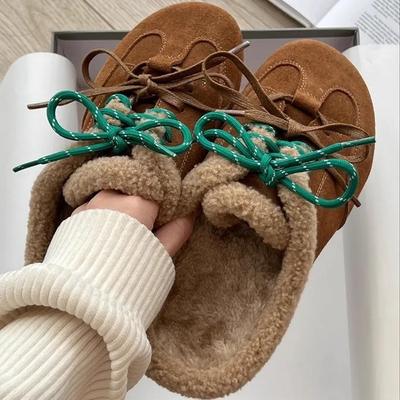 Модная обувь на толстой подошве в стиле ретро и с пушистым мехом для женщин, новая мода зимы 2025, ношение хлопковых тапочек с закрытым носком для улицы