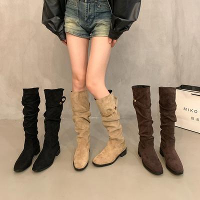 Французские замшевые ботильоны абрикосового цвета на толстом каблуке женская обувь 2025 новая весна-осень зима универсальные тонкие длинные сапоги