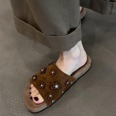 Модные цветочные шлепанцы с открытым носком, женские летние новые, на толстой подошве, необычного иностранного стиля, удобные в носке, анти-бархатные, универсальные сандалии