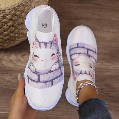 Кроссовки на платформе с мультяшным принтом, женские, дышащие, трикотажные, нескользящие, спортивная обувь, женская, толстая подошва, мягкая, без застежек, повседневная обувь