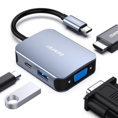 BENFEI USB C USB C на HDMI VGA USB PD Зарядка HDMI VGA Конвертер Thunderbolt iPhone 15 MacBook iPad XPS 4-в-1 Хаб, 3.0 Адаптер, Type-C Адаптер, 3/4