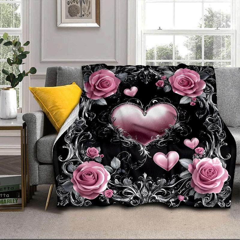 Pink Roses And Hearts Blanket Flannel Blanket for bed, sofa, Camping, Hiking, Picnic Essentials, gift for family Fan gifts