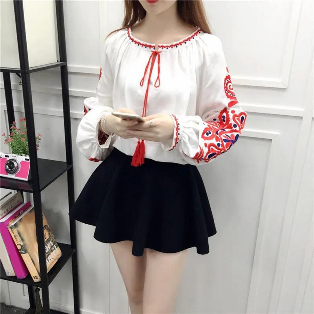 Summer Shirt Women Ethnic Style Embroidered Pattern Pullover Tops Round Neck Lantern Sleeve Loose Fit Blouse