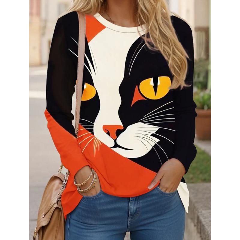 Women's T-shirt 3D Printed Art Design Cat Pattern Long Sleeved Fun Round Neck Top